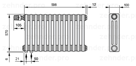 Схема (чертеж) Радиатор Zehnder Charleston 3057/13 №V001 Technoline TL